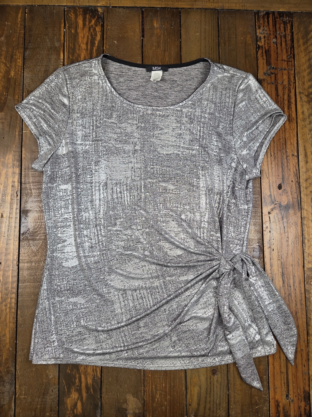 Womens MSK Metallic Silver Shirred Knot Front Burnout Blouse Size XL glam y2k